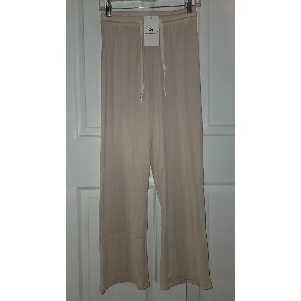 Qianxizhan Womens Beige Ribbed Knit Wide Leg Lounge Pants Drawstring Size‎ S NEW